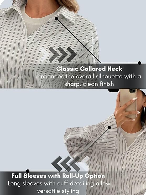 GRECIILOOKS Striped Shirt for Women | Korean Style Full Sleeve Oversized Button Down Shirts | Tops for Women | Shirt for Woman | Plus Size Top for Office & Casual Outfit - Image 3