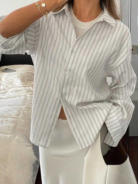 GRECIILOOKS Striped Shirt for Women | Korean Style Full Sleeve Oversized Button Down Shirts | Tops for Women | Shirt for Woman | Plus Size Top for Office & Casual Outfit - Image 5