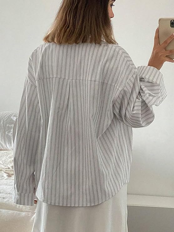 GRECIILOOKS Striped Shirt for Women | Korean Style Full Sleeve Oversized Button Down Shirts | Tops for Women | Shirt for Woman | Plus Size Top for Office & Casual Outfit - Image 6